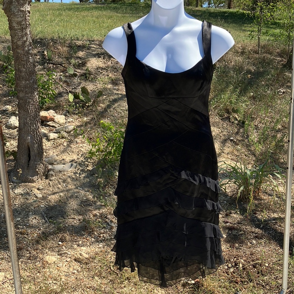 A.B.S. Allen Schwartz Black Satin and Chiffon Ruffle Party Dress Sz 10